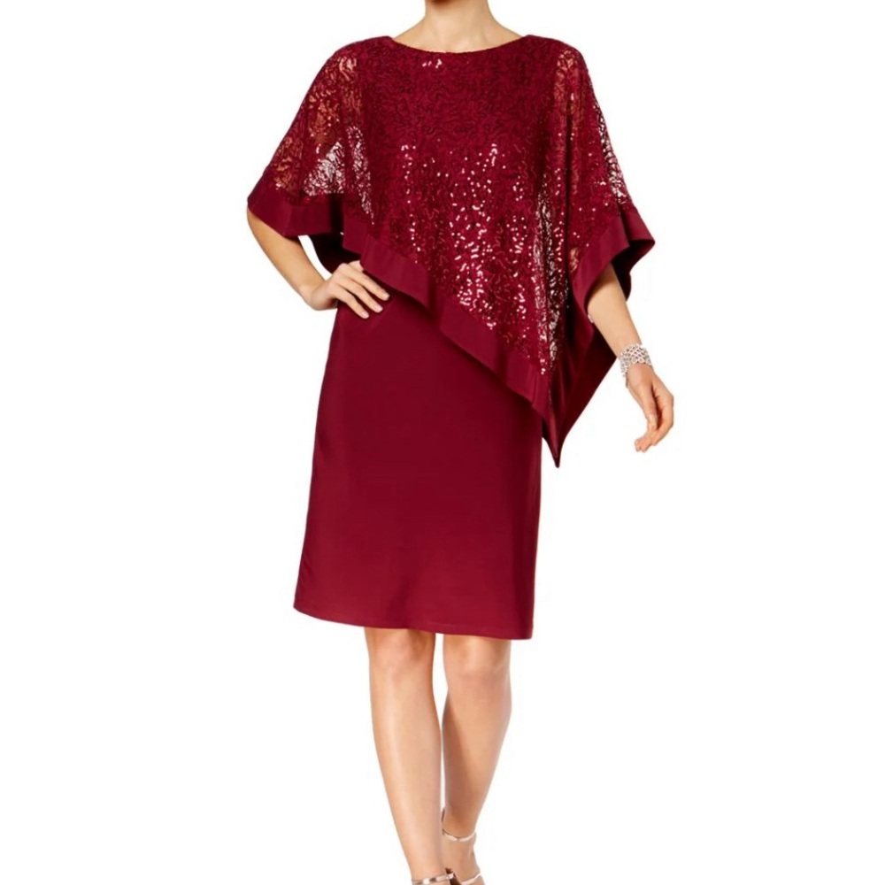 NWT R&M RICHARDS
SEQUINED ASYMMETRIC KNEE LENGTH CAPE COCKTAIL DRESS